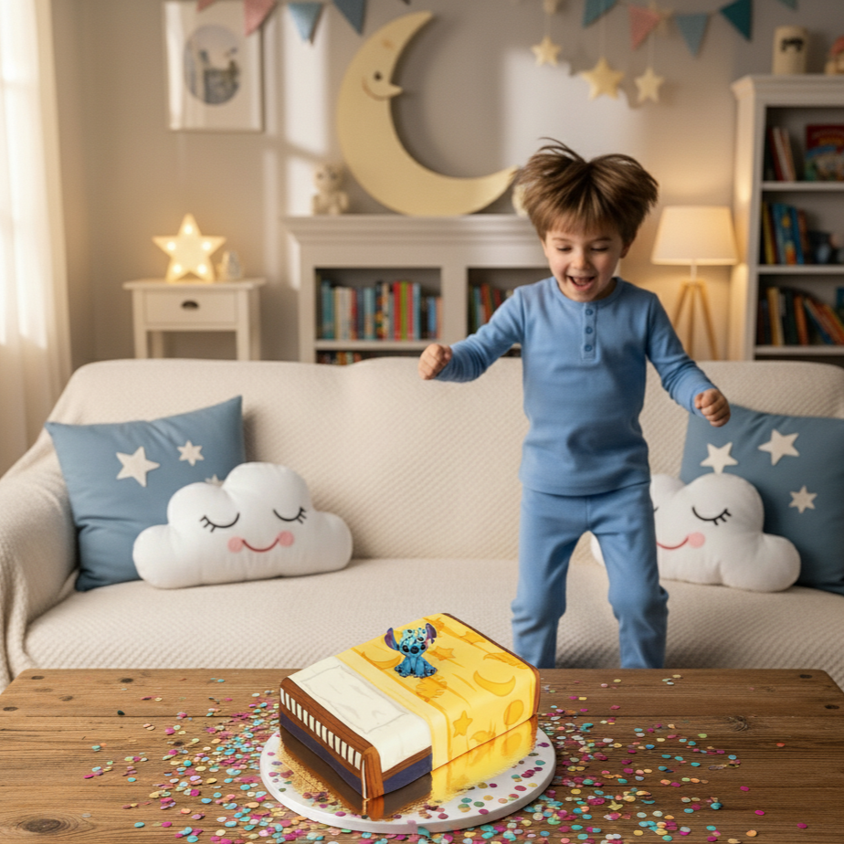 Stitch® z Schrulle na torcie w kształcie łóżka