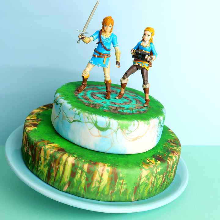 Zelda & Link na dwupiętrowym torcie w stylu leśnych ruin.