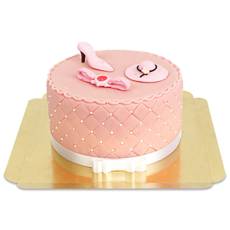 Tort Deluxe Make-Up Cake z kolorową dekoracją cukrową i białą wstążką