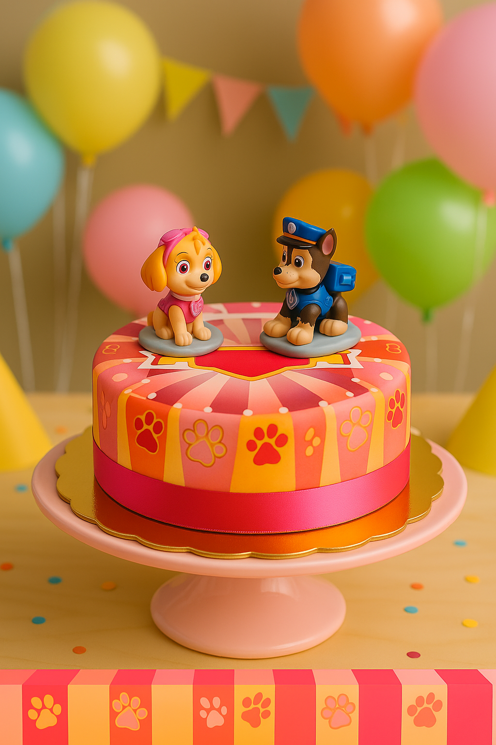 Paw Patrol® na torcie w kształcie różowej psiej łapy