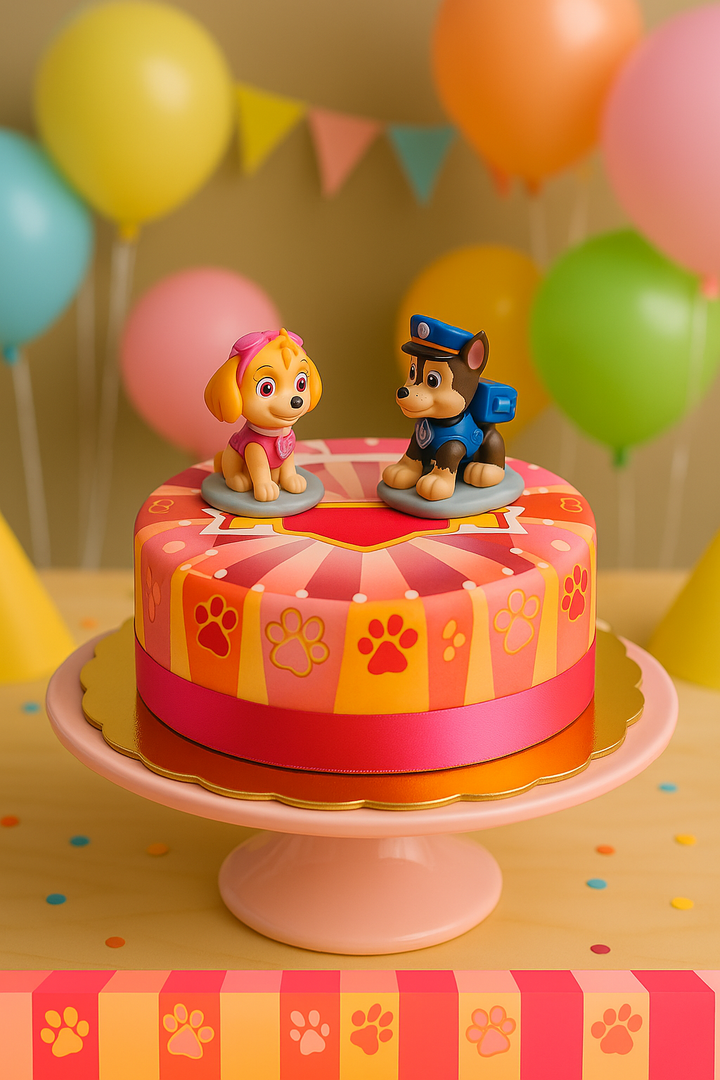 Paw Patrol® na torcie w kształcie różowej psiej łapy