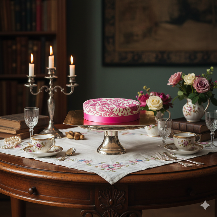 Różowa tort z porcelanowym malowaniem
