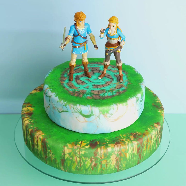 Zelda & Link na dwupiętrowym torcie w stylu leśnych ruin.