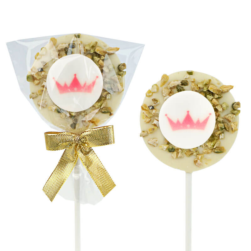 Lollis mit weißer Schokolade & Pistazien mit Logo (10 Stück)