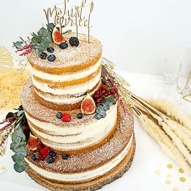 Naked Cake 3-poziomowy weselny z dekoracjami i topperem - 65 osób